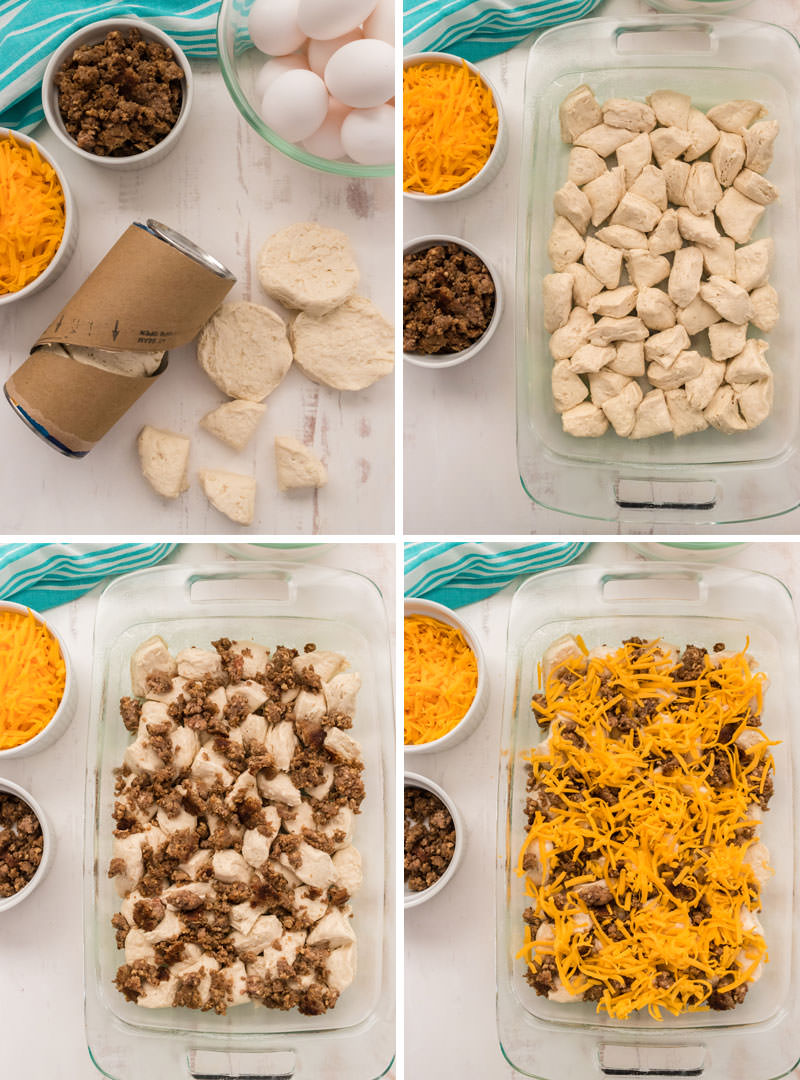 Collage image showing the steps for layering the Sausage Casserole ingredients into the baking dish