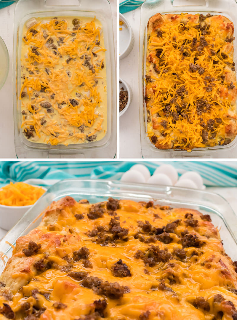 collage image showing the steps for baking the Sausage Breakfast Casserole