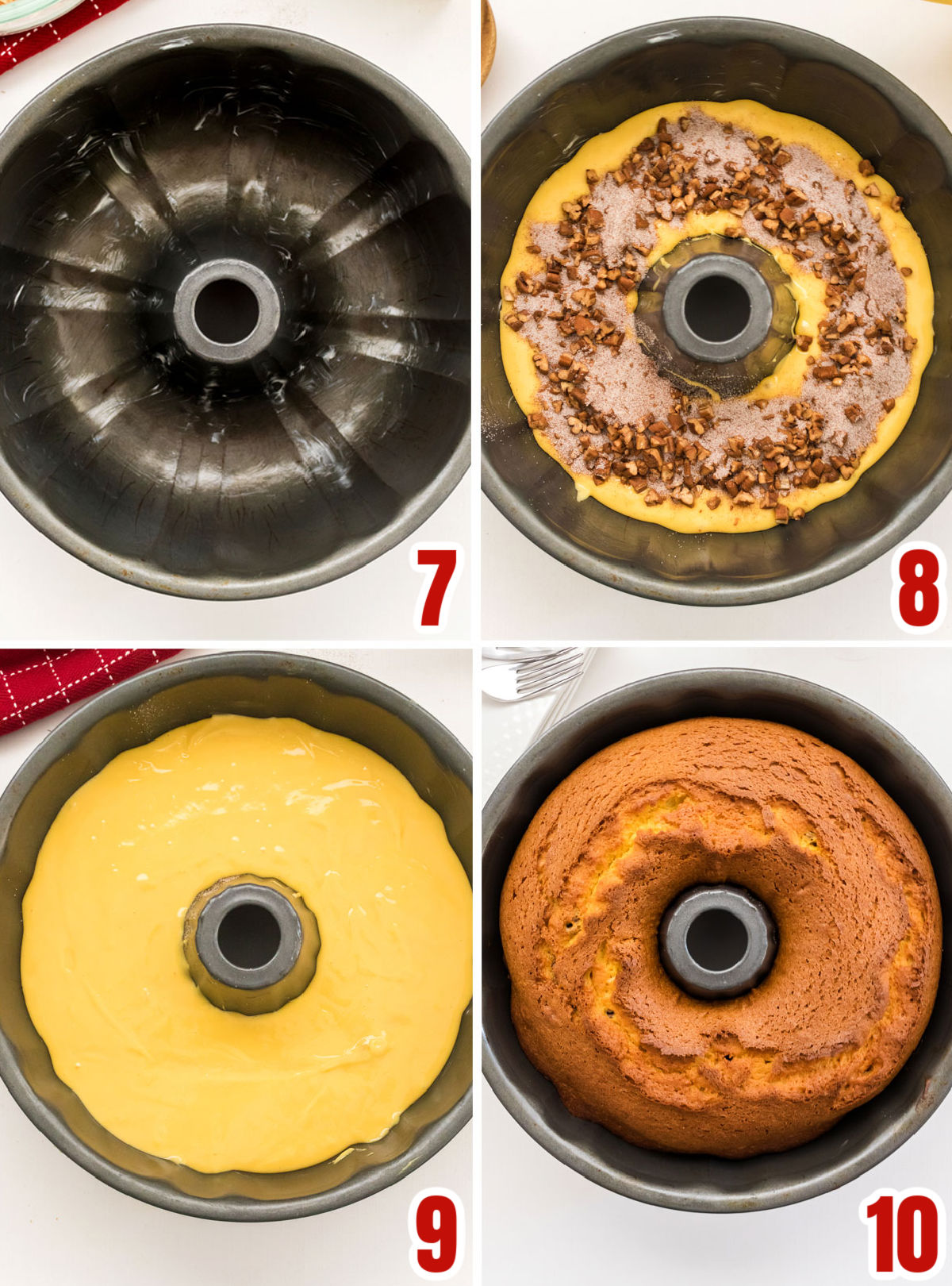 Collage image on how to assemble the cake batter in the bundt pan for baking.