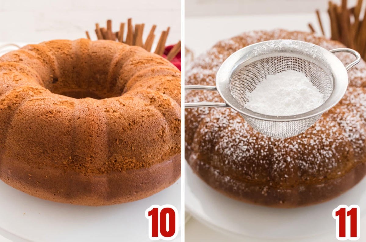 Collage image showing how to let the bundt cake cool and how to sprinkle it with powdered sugar.
