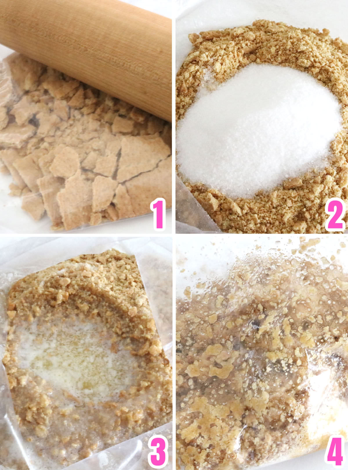 Collage image showing the steps for making a graham cracker crust.