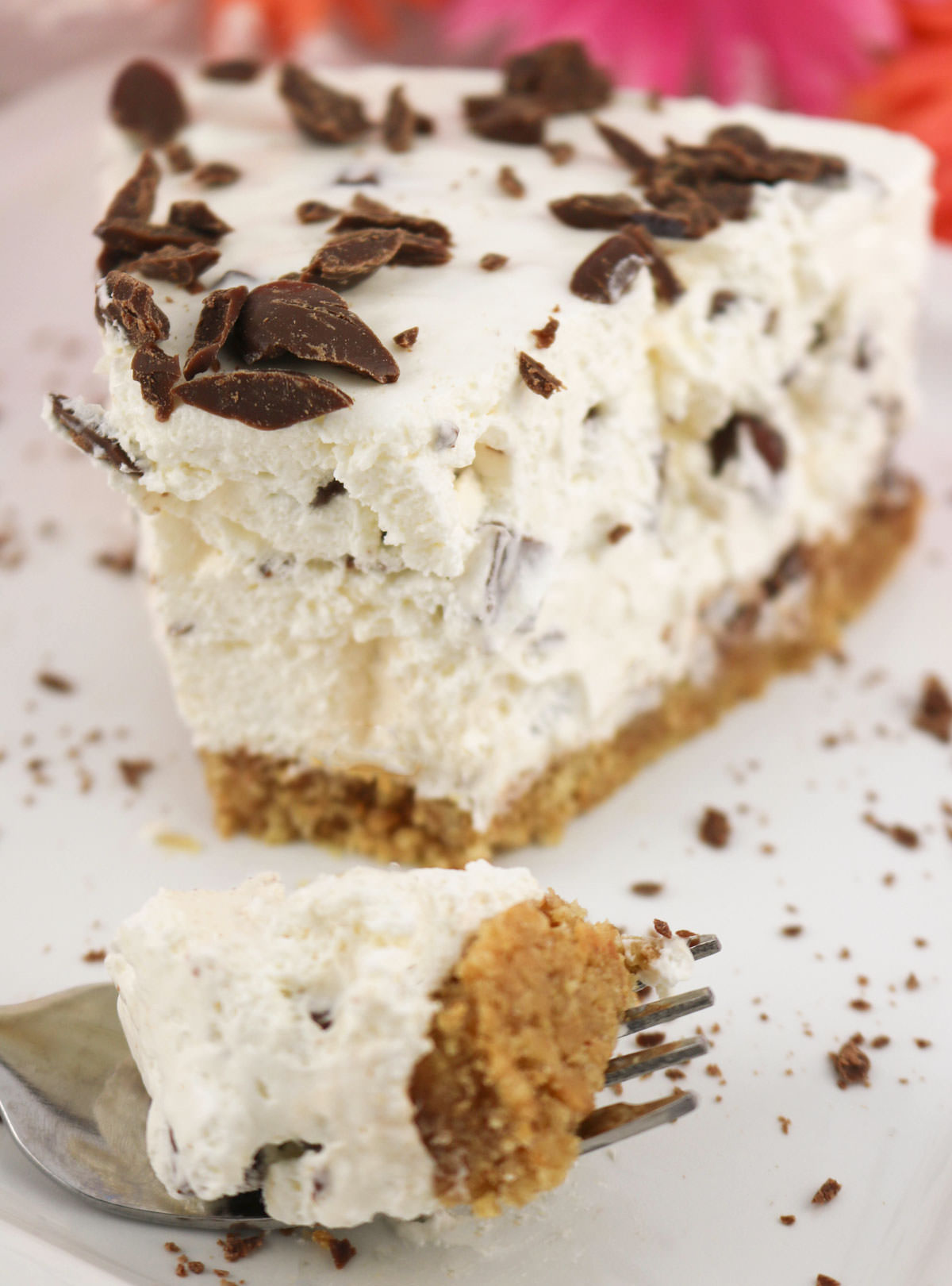 Closeup on a single piece of S'more Pie sitting on a white dessert plate.