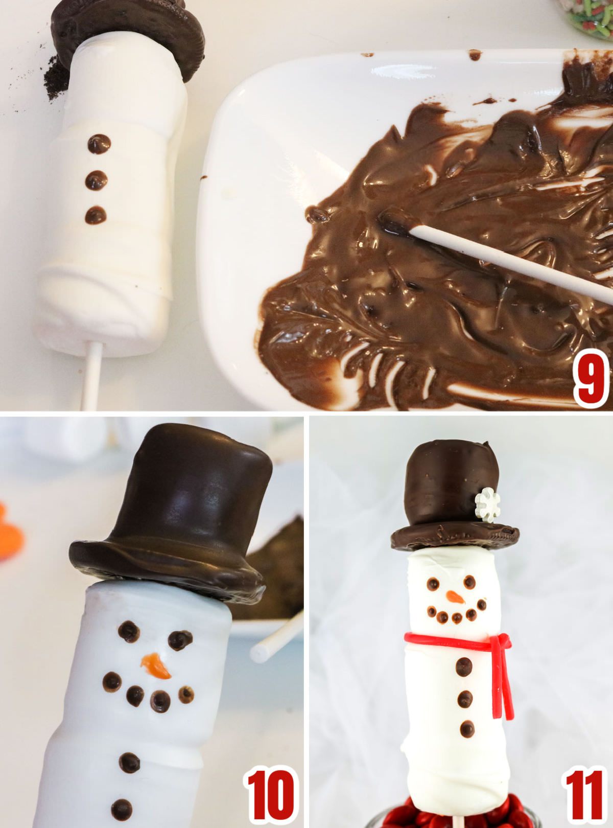 Collage image showing the steps for adding the buttons and the face to the Snowman Marshmallow Pops.