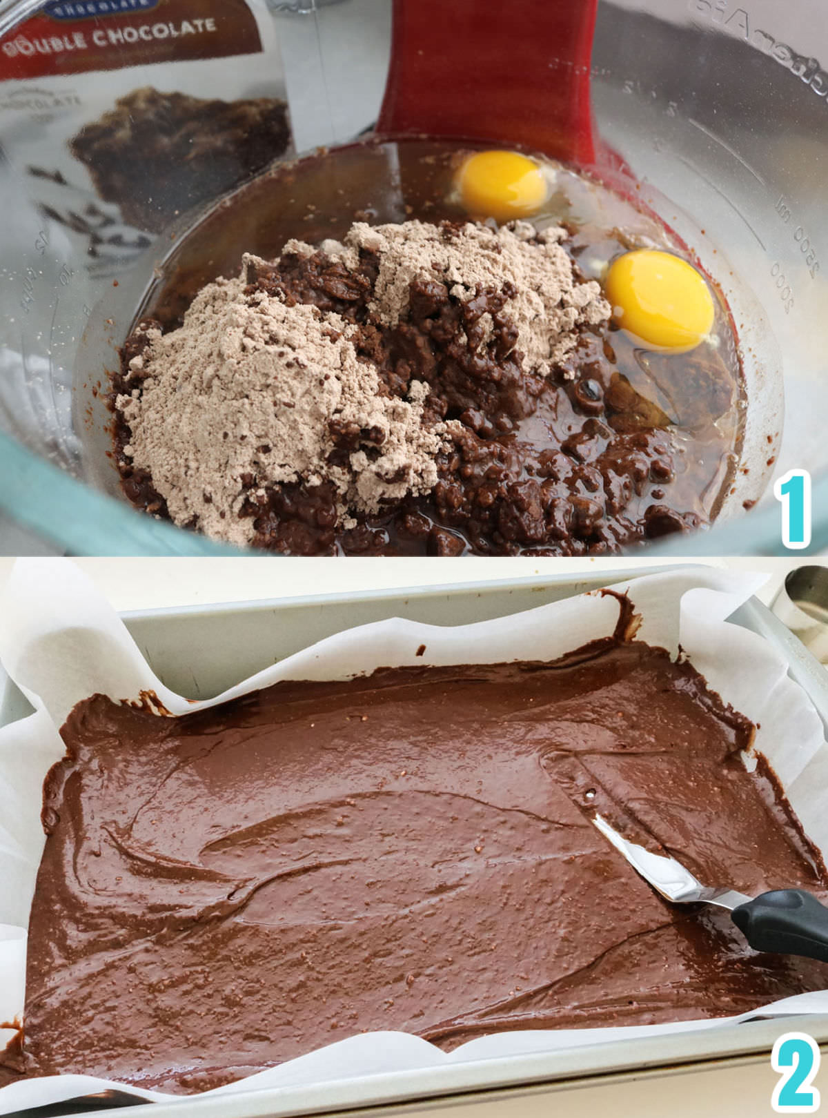 Collage image showing how to make the brownie layer for the dessert bar.