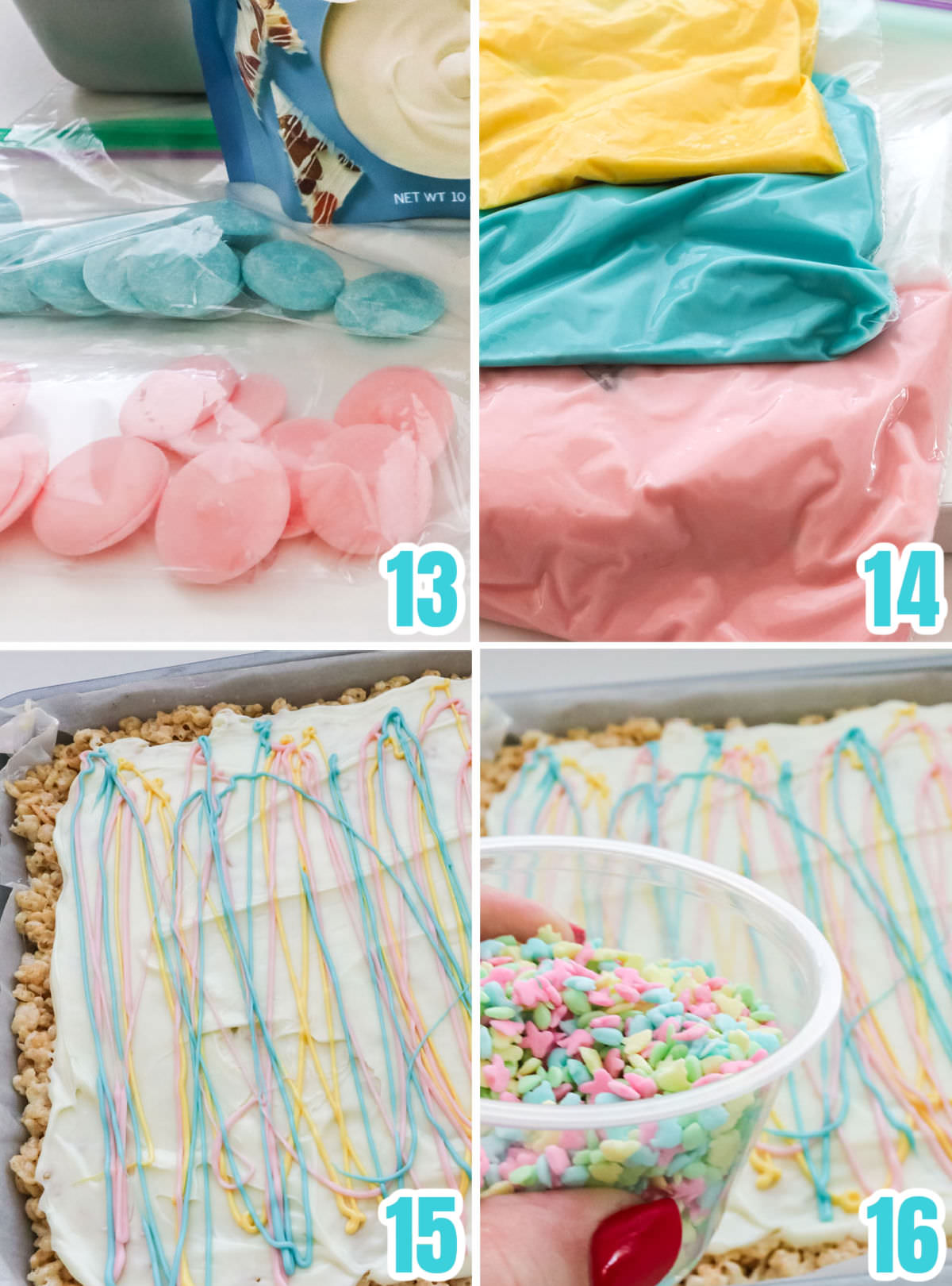 Collage image showing the steps required to decorate the top of the layered dessert bar.