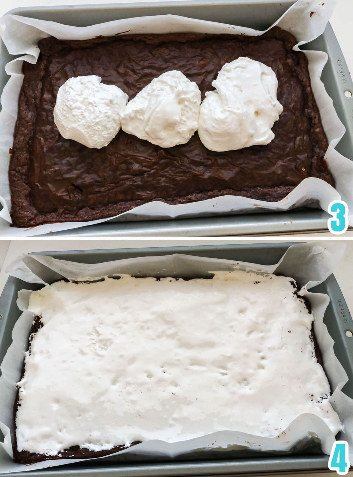 Collage image showing how to add the marshmallow fluff layer to the brownie layer.