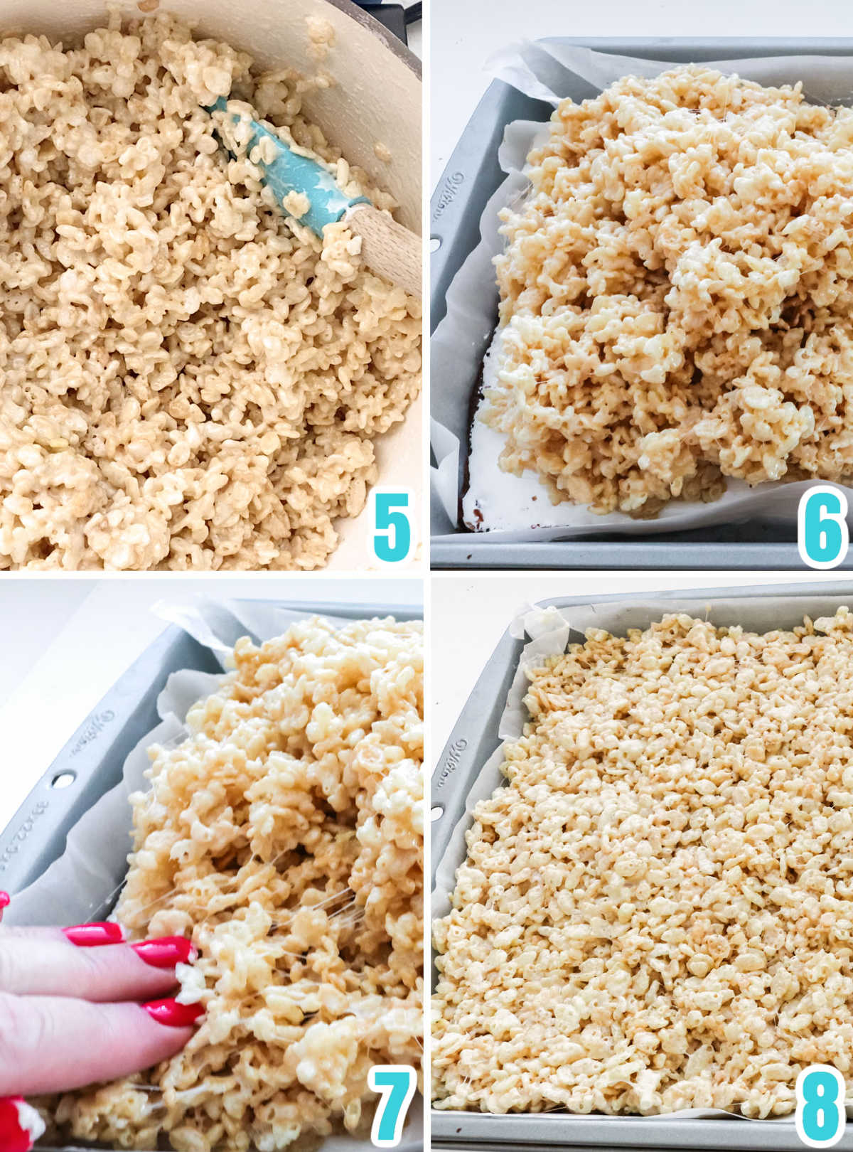 Collage image showing how to make the Rice Krispie Treat mixture and add it to the dessert bar.