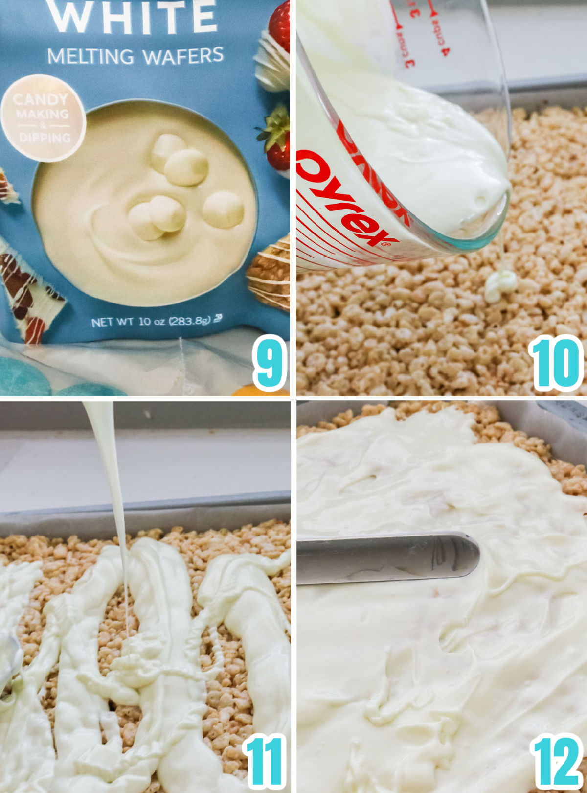 Collage image showing the steps required to add the white chocolate layer to the Brownie Rice Krispie Treats.