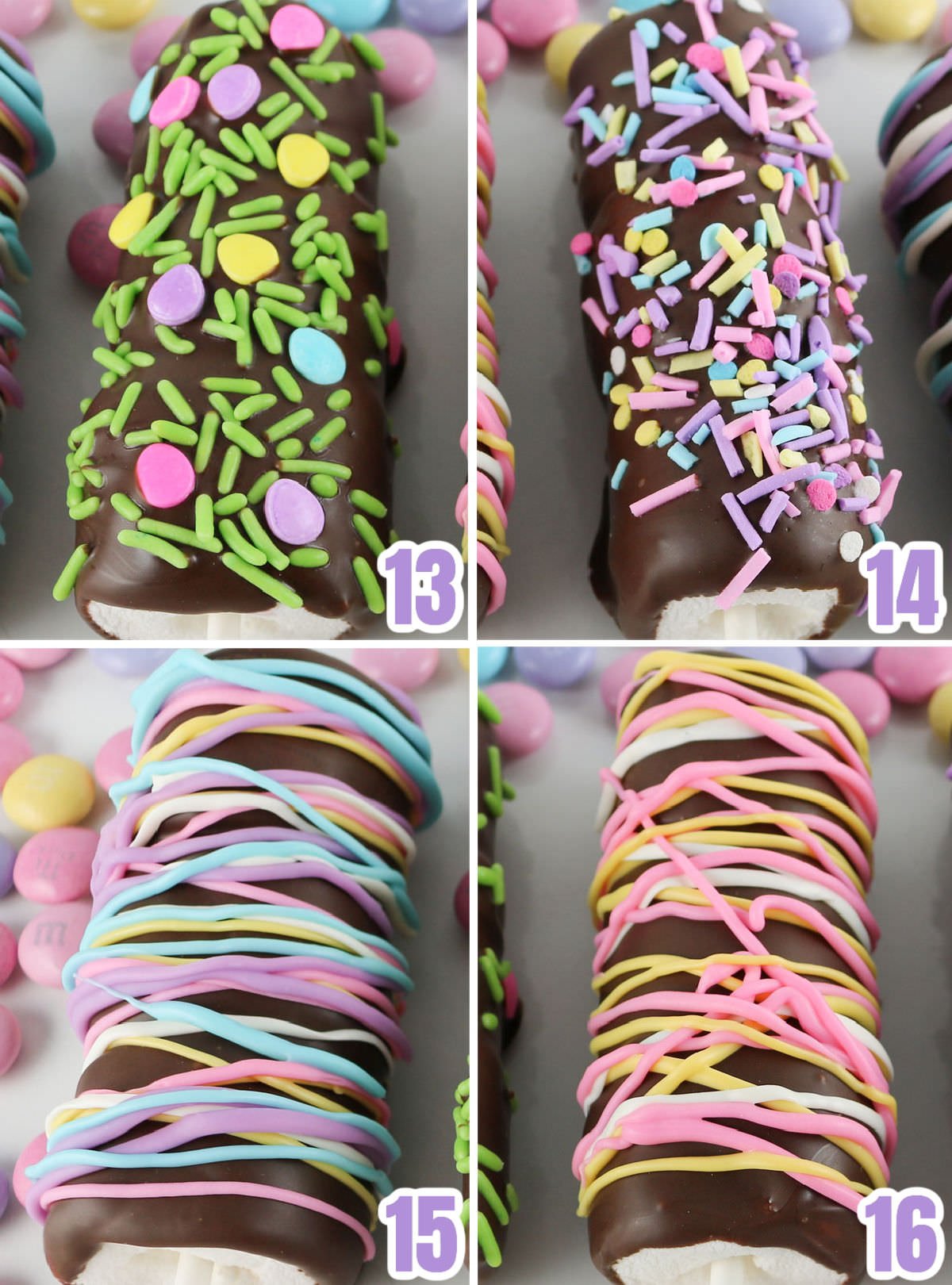 Collage image showing four different ways you can decorate the Springtime Marshmallow Pops.