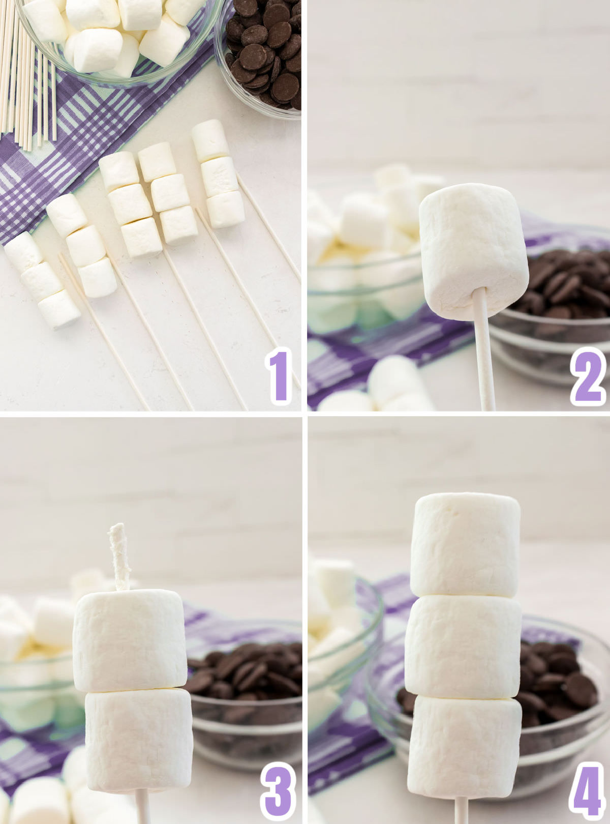 Collage image showing how to place the marshmallows on the lollipop stick.