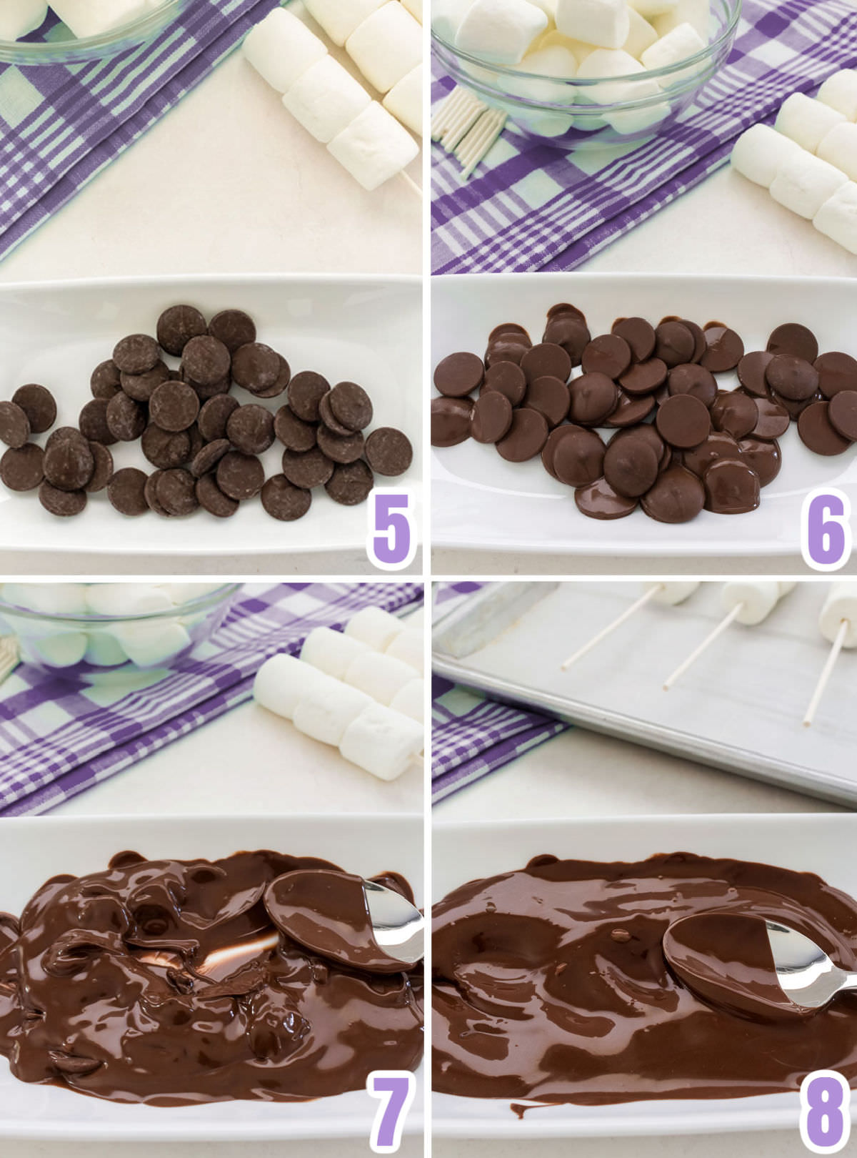 Collage image showing the steps necessary to melt the chocolate for the marshmallow pops.
