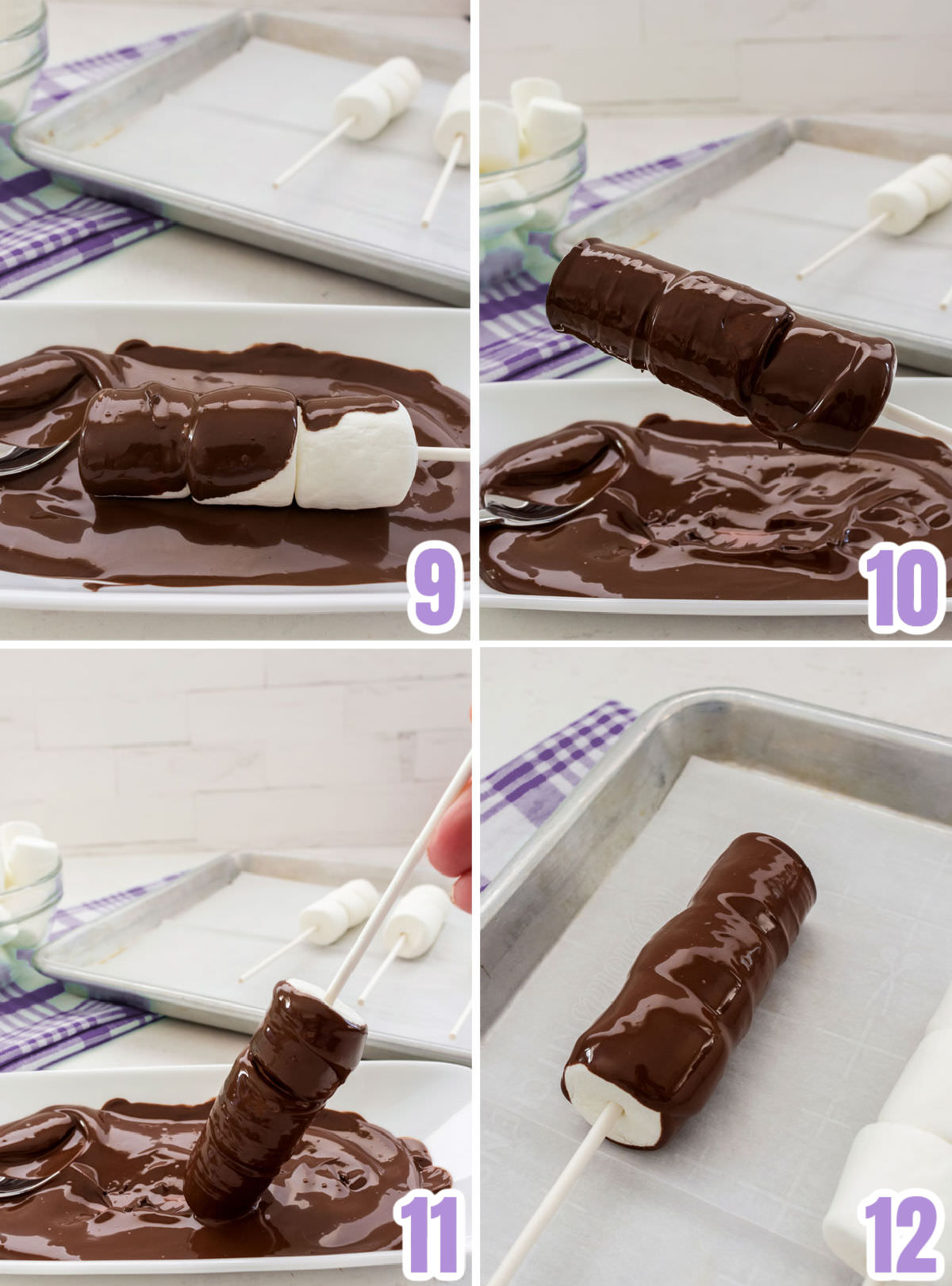 Collage image showing the steps you need to take to cover the marshmallow pops in chocolate.