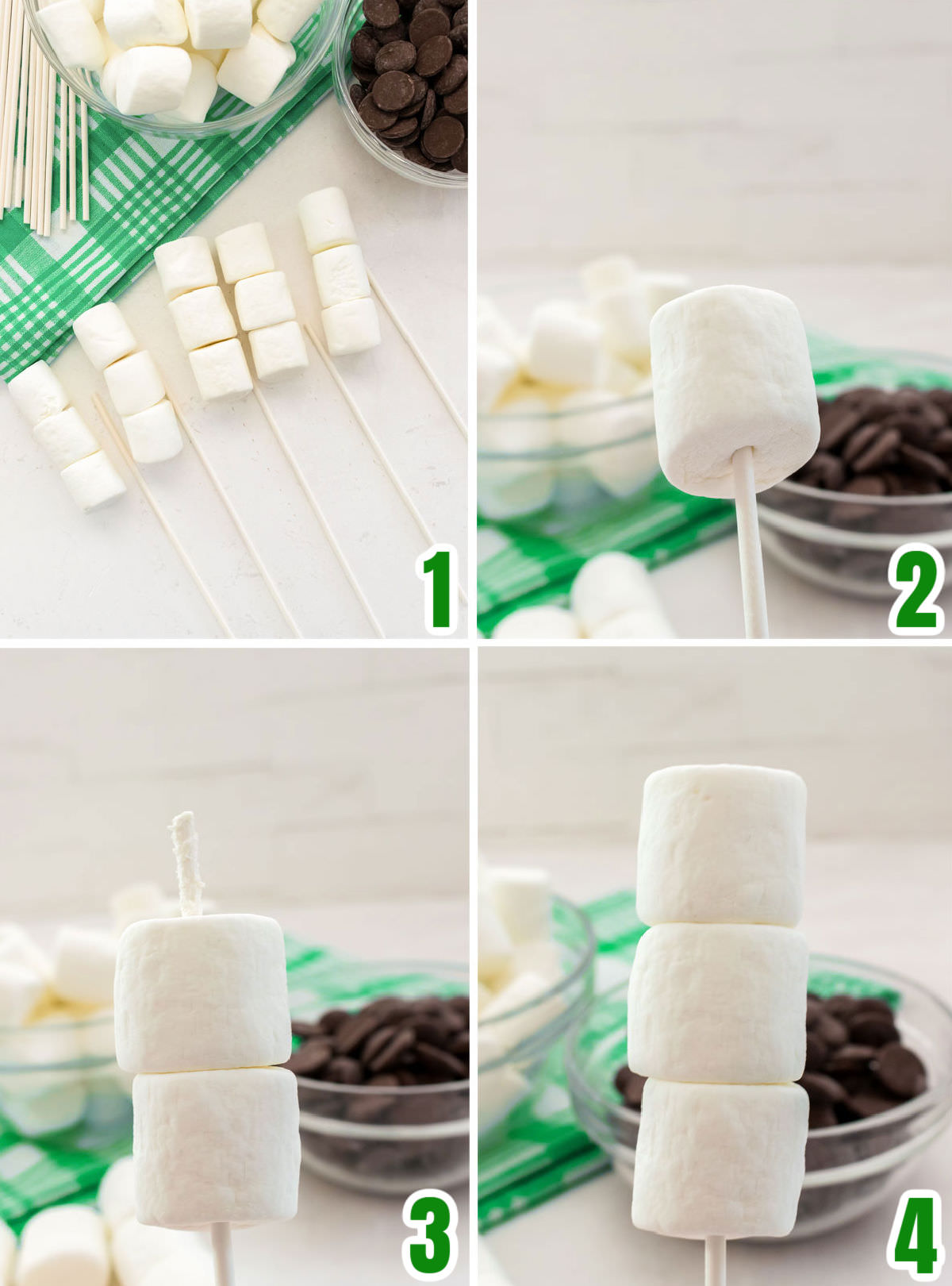 Collage image showing how to create the marshmallow pop using marshmallows and a lollipop stick.