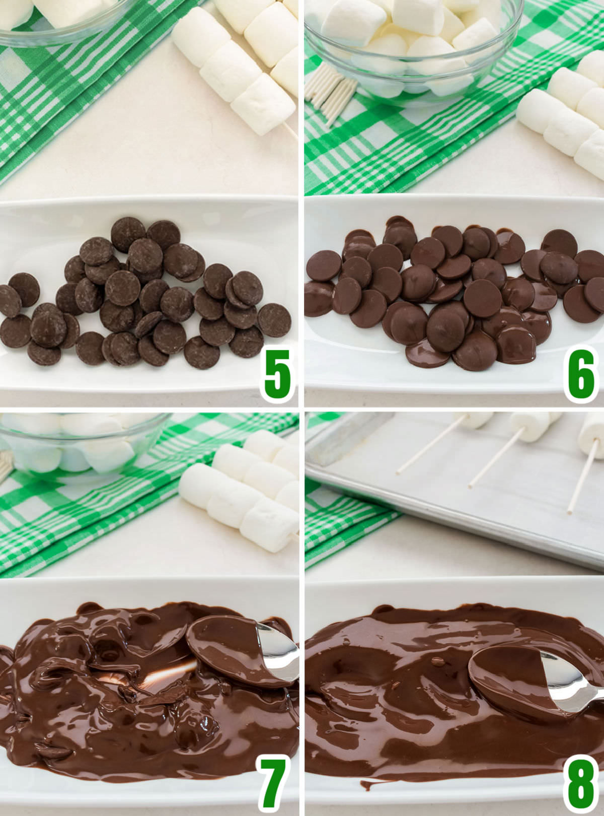 Collage image showing how to melt the chocolate for the St. Patrick's Day Marshmallow Pops.