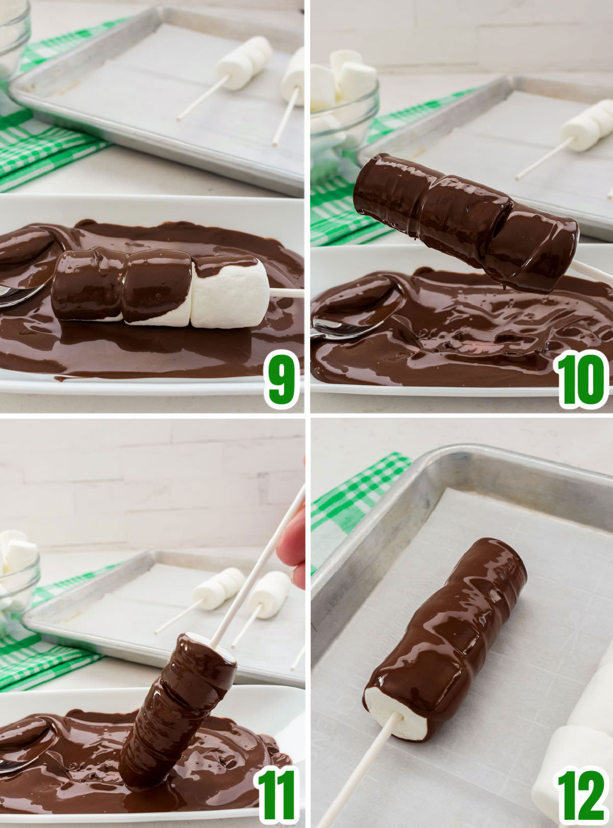 Collage image showing the steps required to dip the marshmallow pops in chocolate.