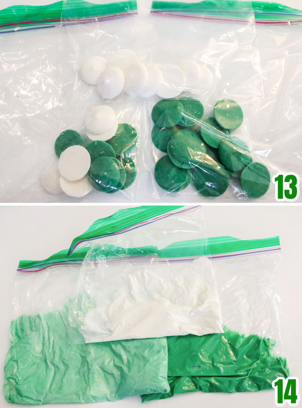 Collage image showing candy melts in plastic baggies and the melted candy melts after coming out of the microwave.