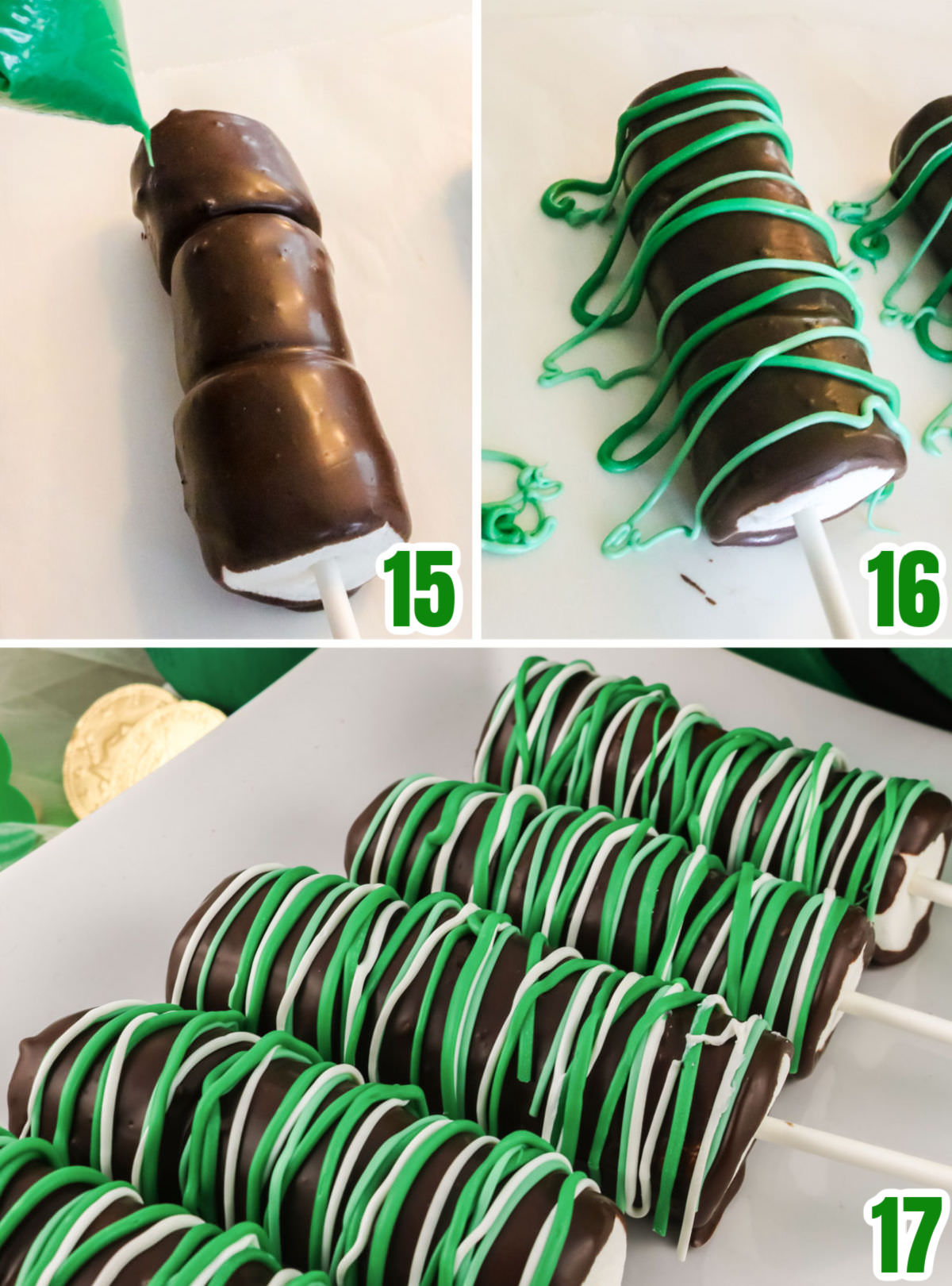 Collage image showing how to decorate the marshmallow pops with green and white candy melts.