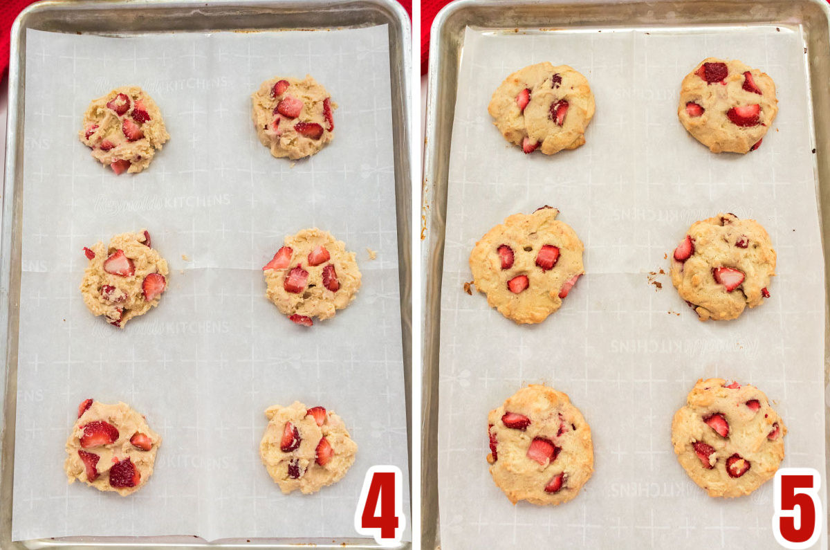 Collage image showing the Strawberry Cookies before they go in the oven and after they come out of the oven.