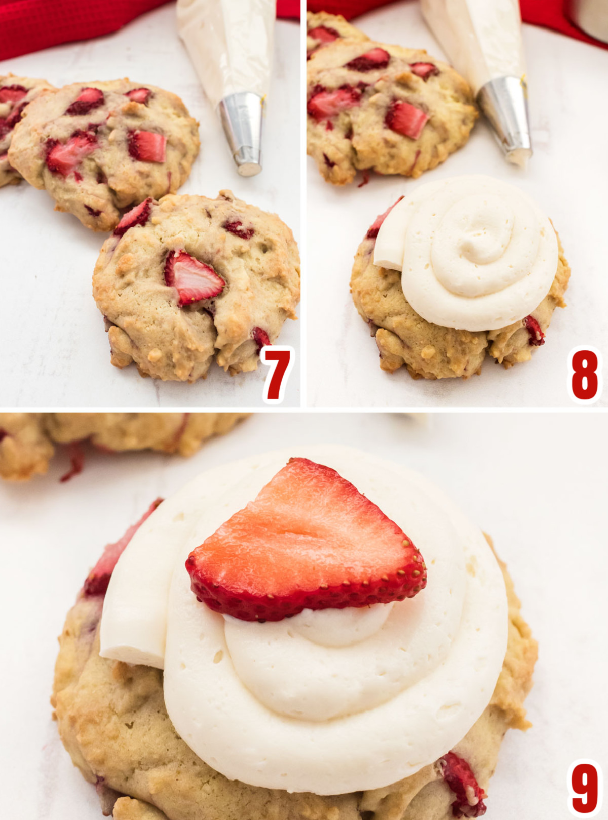 Collage image showing how to frost the Strawberry Shortcake Cookies with the Whipped Buttercream Frosting.