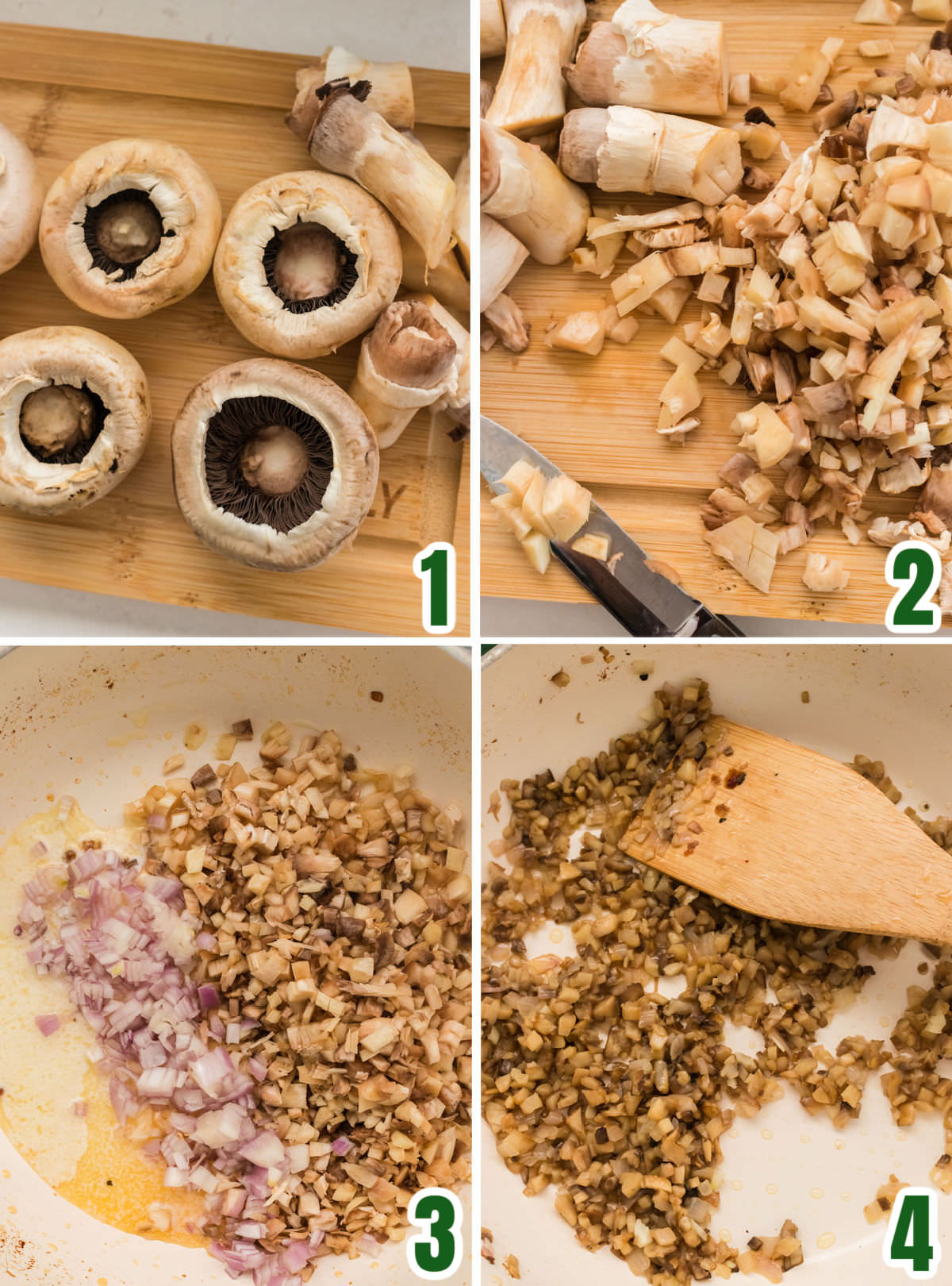 Collage image showing how to slice, chop and saute the mushrooms for the Stuffed Mushrooms.