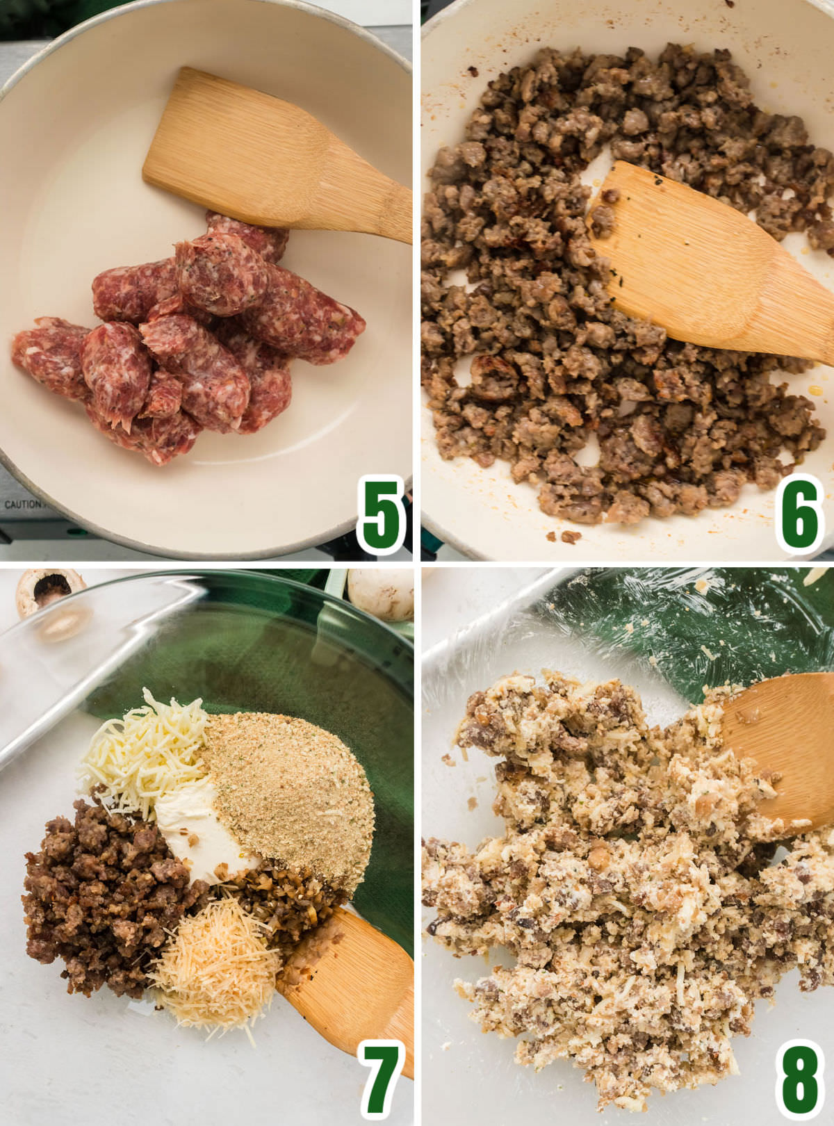 Collage image showing how to make the sausage mushroom stuffing mixture.