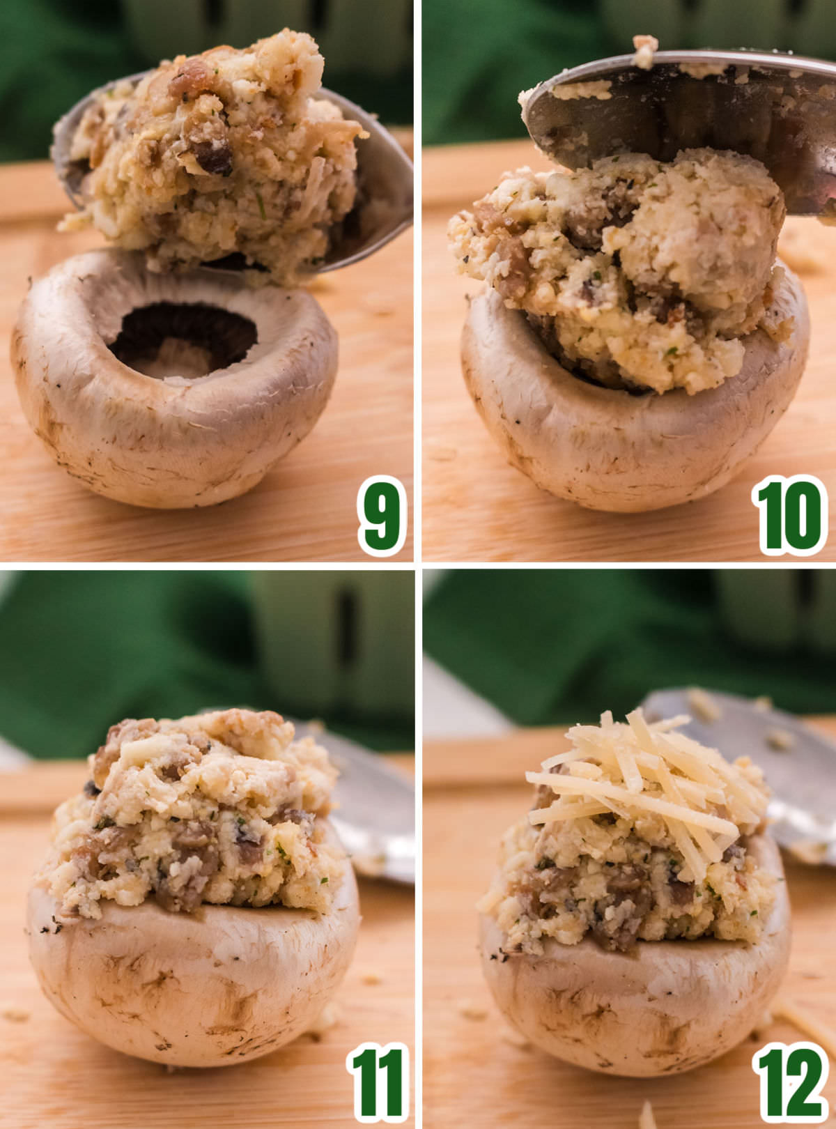 Collage image showing the steps for stuffing the mushroom cap with the sausage mixture.