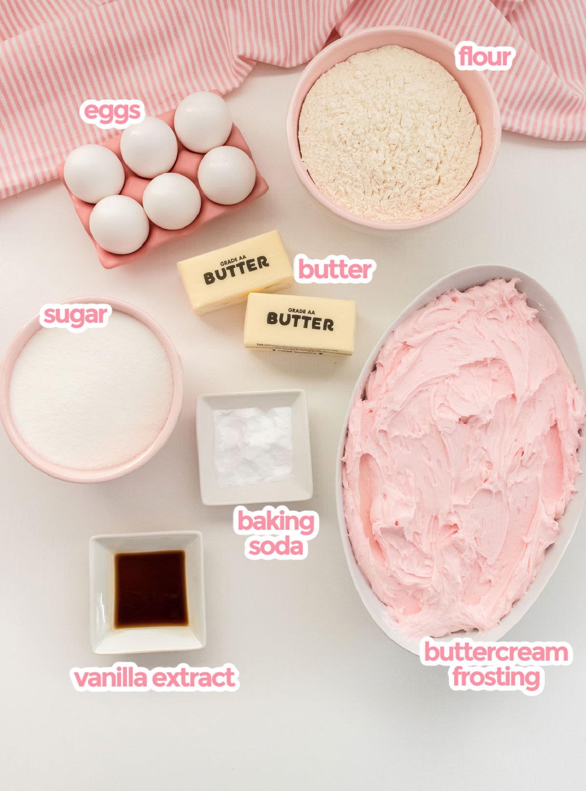 All the ingredients you will need to make Sugar Cooke Bars including flour, eggs, butter, sugar, baking soda, vanilla extract and buttercream frosting.