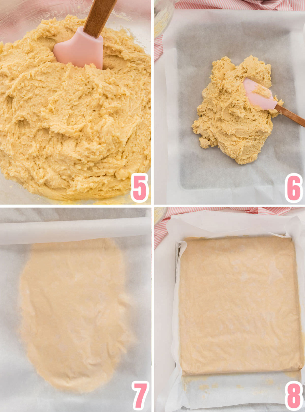 Collage image showing the directions on how to press the cookie dough down into the cookie sheet.