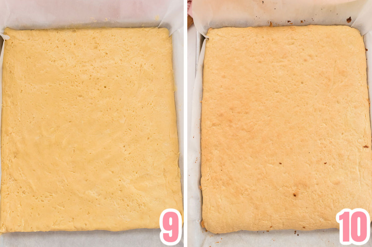 Collage image showing the Sugar Cookie bars before going into the oven and after coming out of the oven.