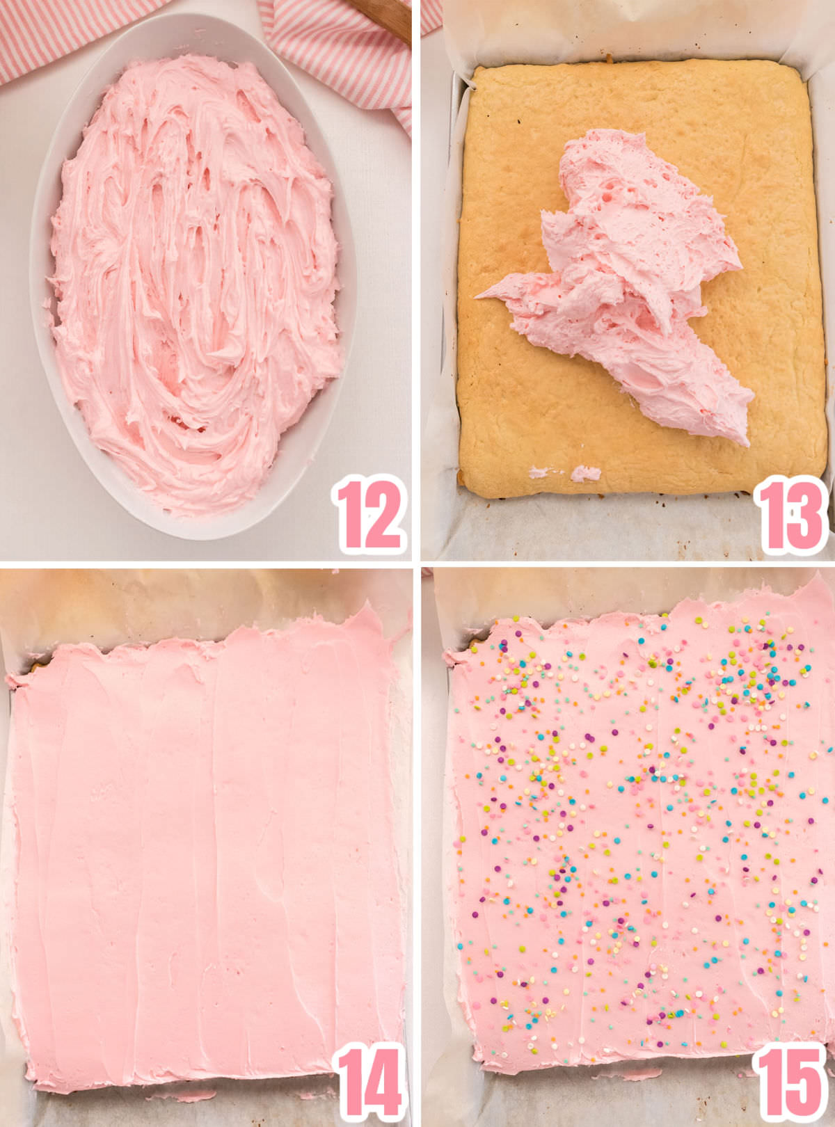 Collage image showing the steps required to frost The Best Sugar Cookie Bars.