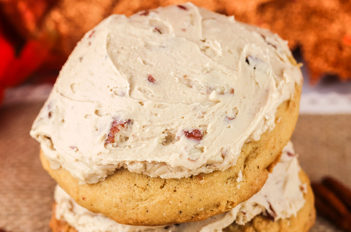 Closeup on a Sweet Potato Cookie frosted with Maple Pecan Frosting.