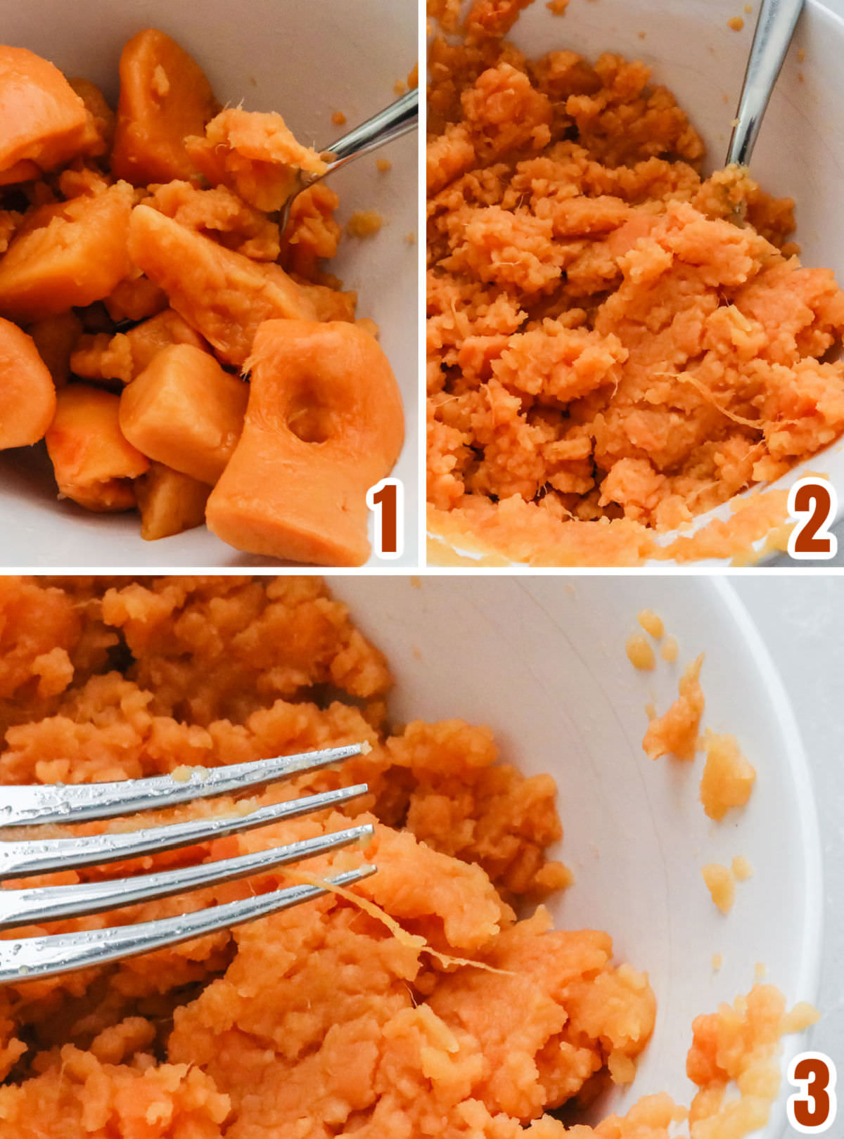 Collage image showing how to mash up the canned Sweet Potatoes.