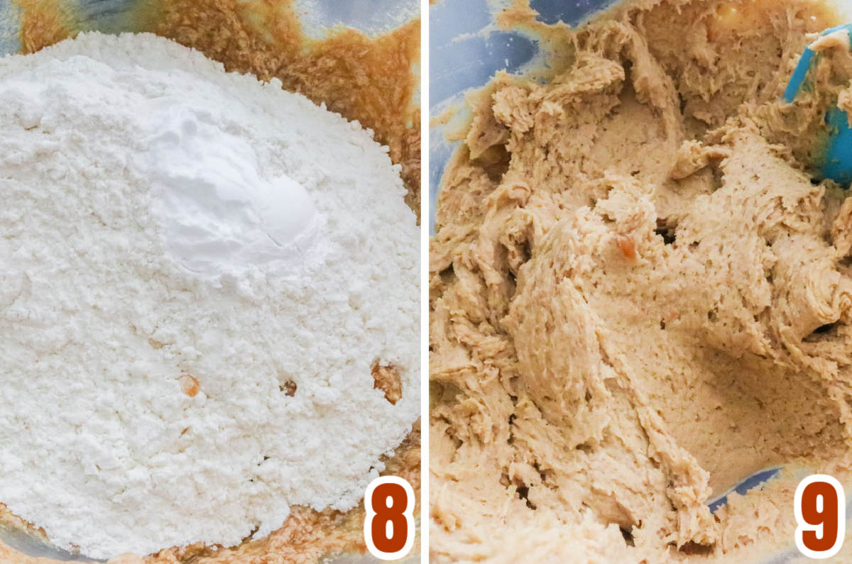 Collage image showing the steps for adding Flour to the cookie dough.