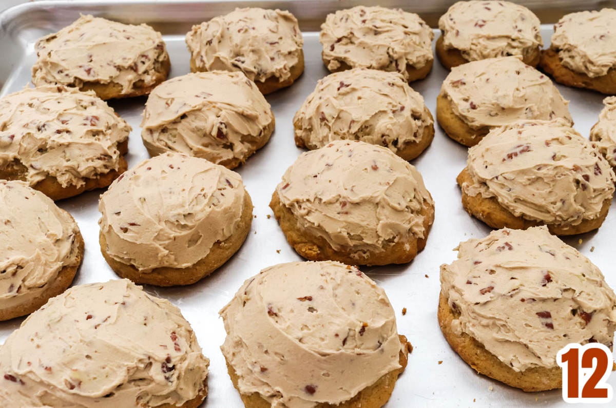 Cookie sheet filled with rows of Frosted Sweet Potato Cookies.