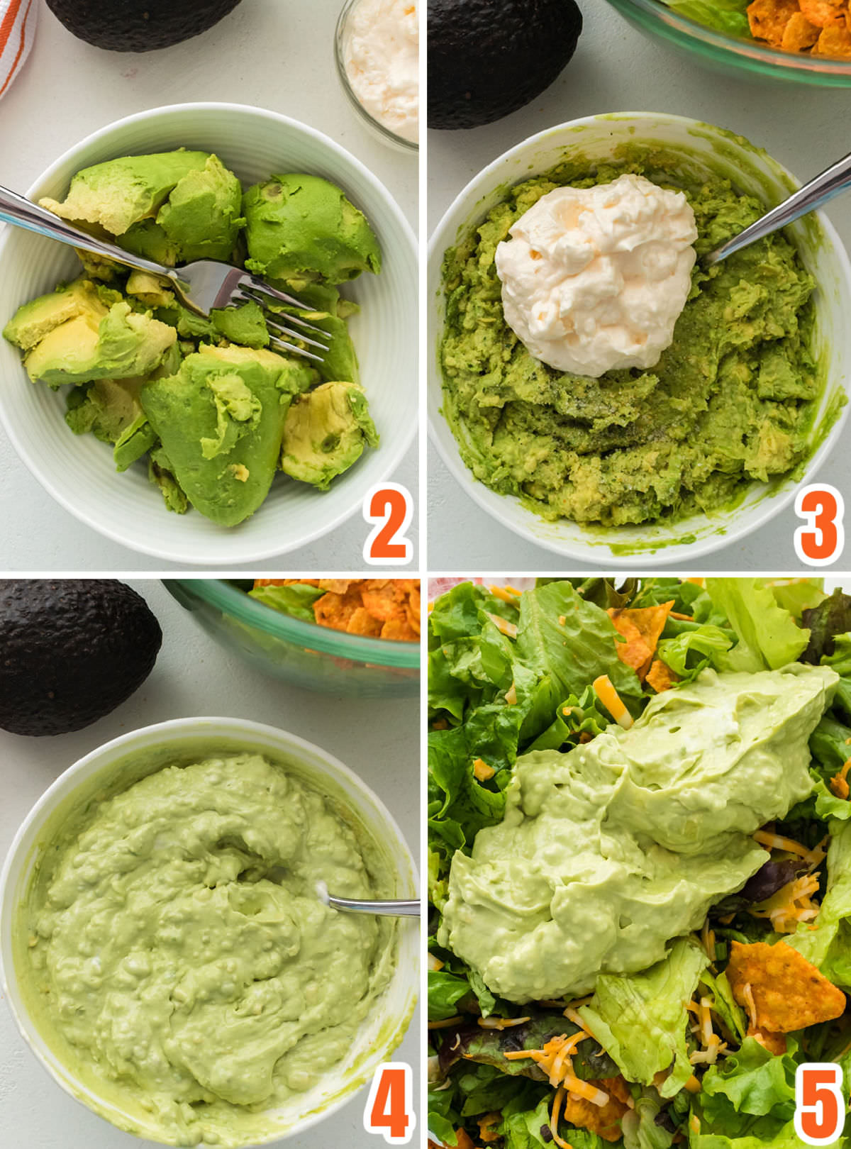 Collage image showing how to make the Avocado Dressing for the Taco Salad.