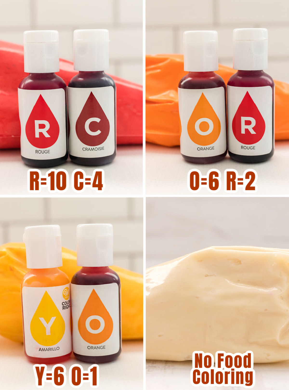 Collage image showing the food color formulas for making red, orange, gold and white buttercream frosting.