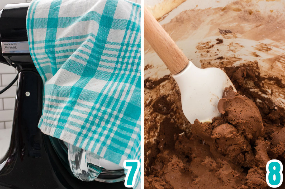 Collage image detailing the process for mixing the dry ingredients with the butter/vanilla mixture for the perfect Chocolate Buttercream consistency.