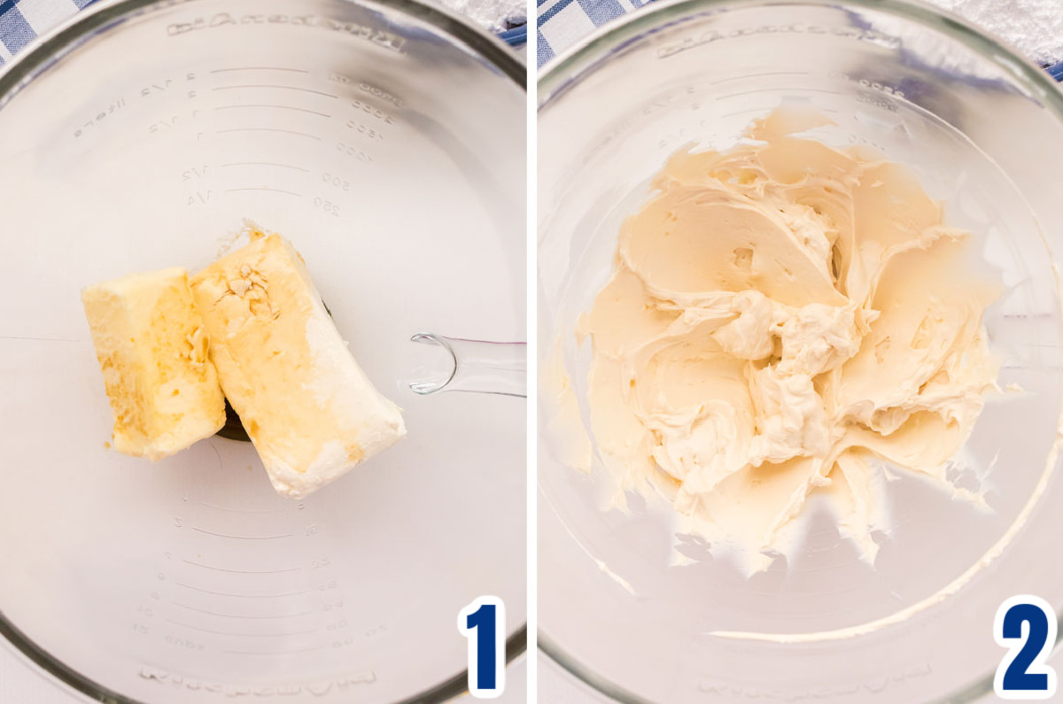 Collage image showing the steps for creaming the Cream Cheese, Butter and Vanilla extract to make a batch of The Best Cream Cheese Frosting.