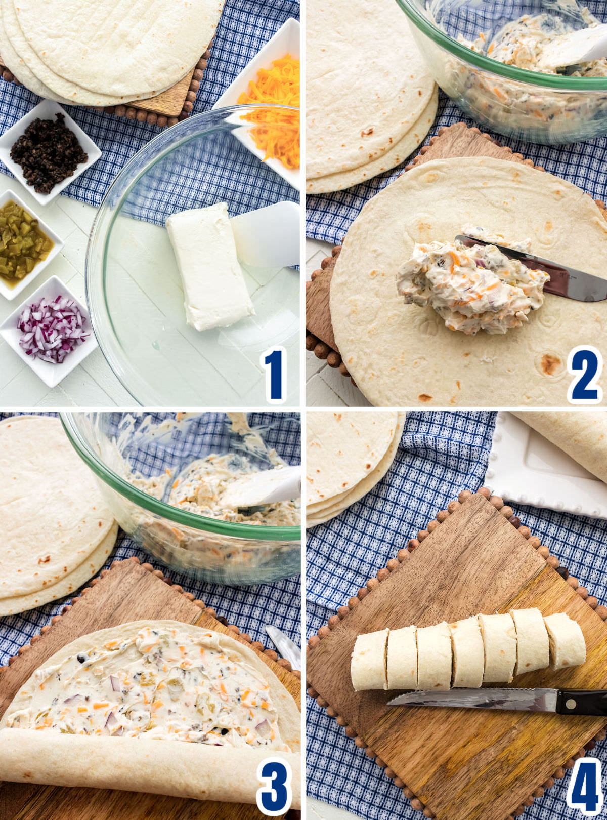 Collage of the steps for making Tortilla Pinwheels.