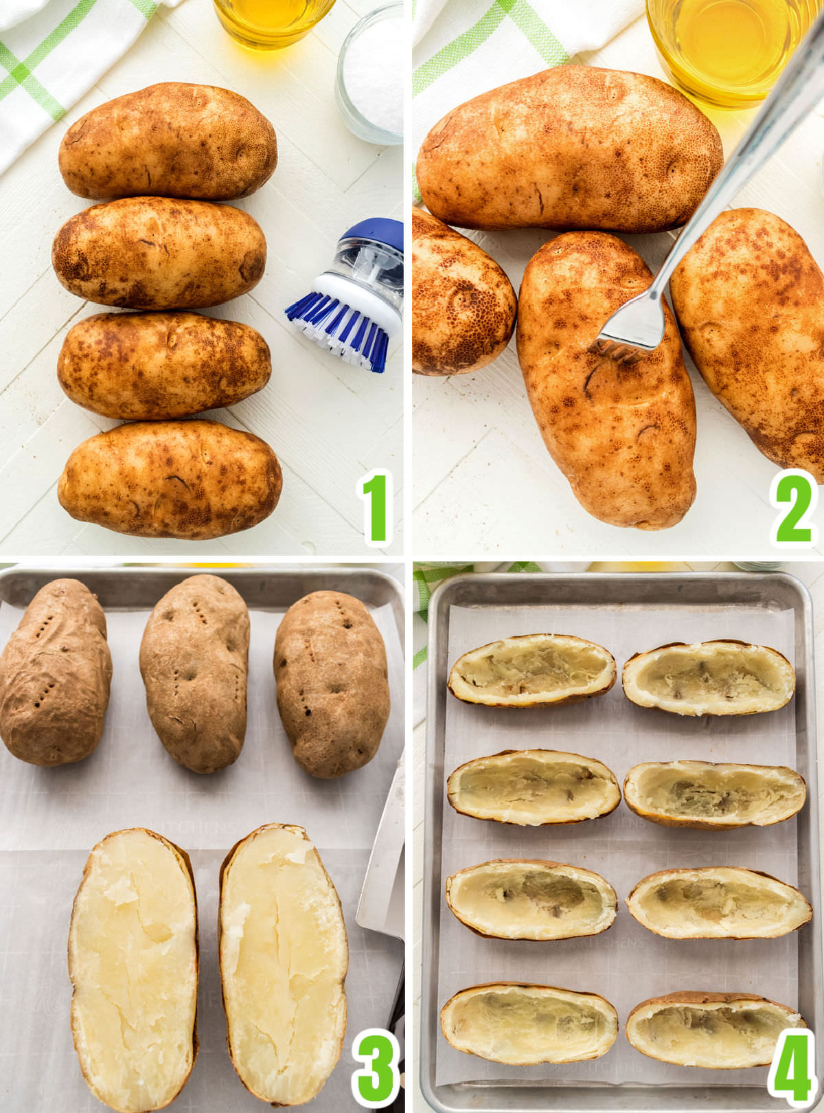 Collage image showing the steps required to bake the potatoes to turn into Twice Baked Potatoes.