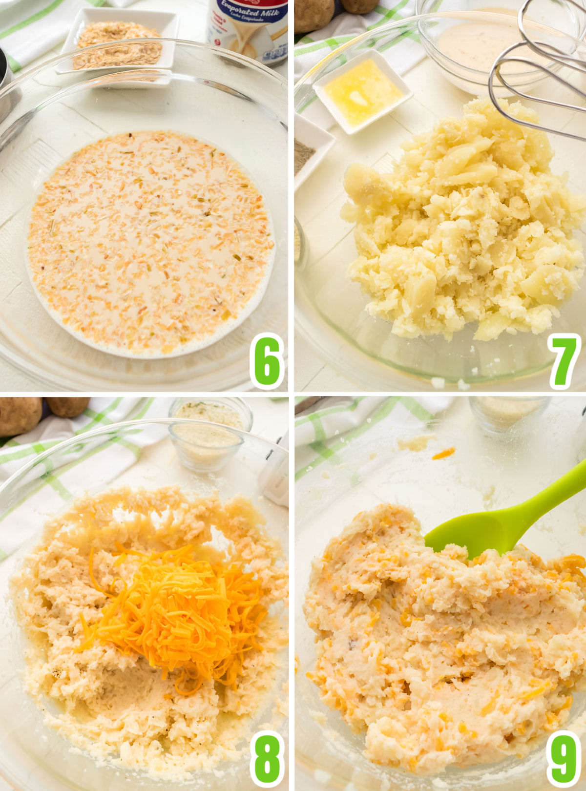Collage image showing the steps required to make the potato filling for the Twice Baked Potatoes.