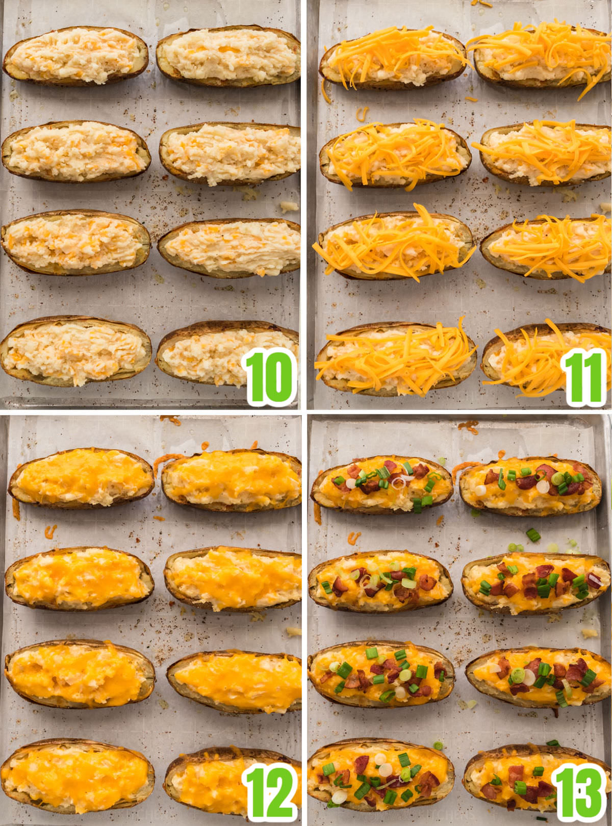 Collage image showing the steps for assembling the Twice Baked Potatoes and reheating them in the oven.