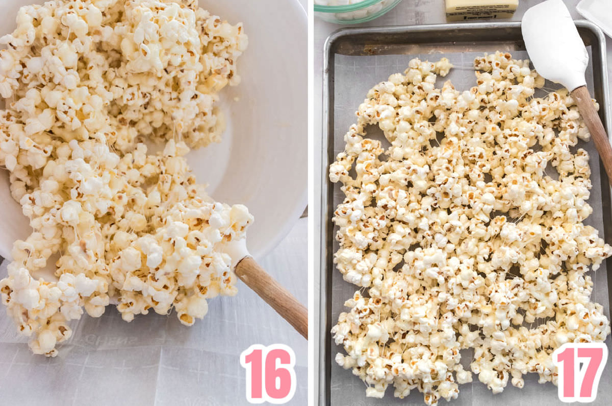 Collage image showing how to pour the marshmallow popcorn onto a cookie sheet.