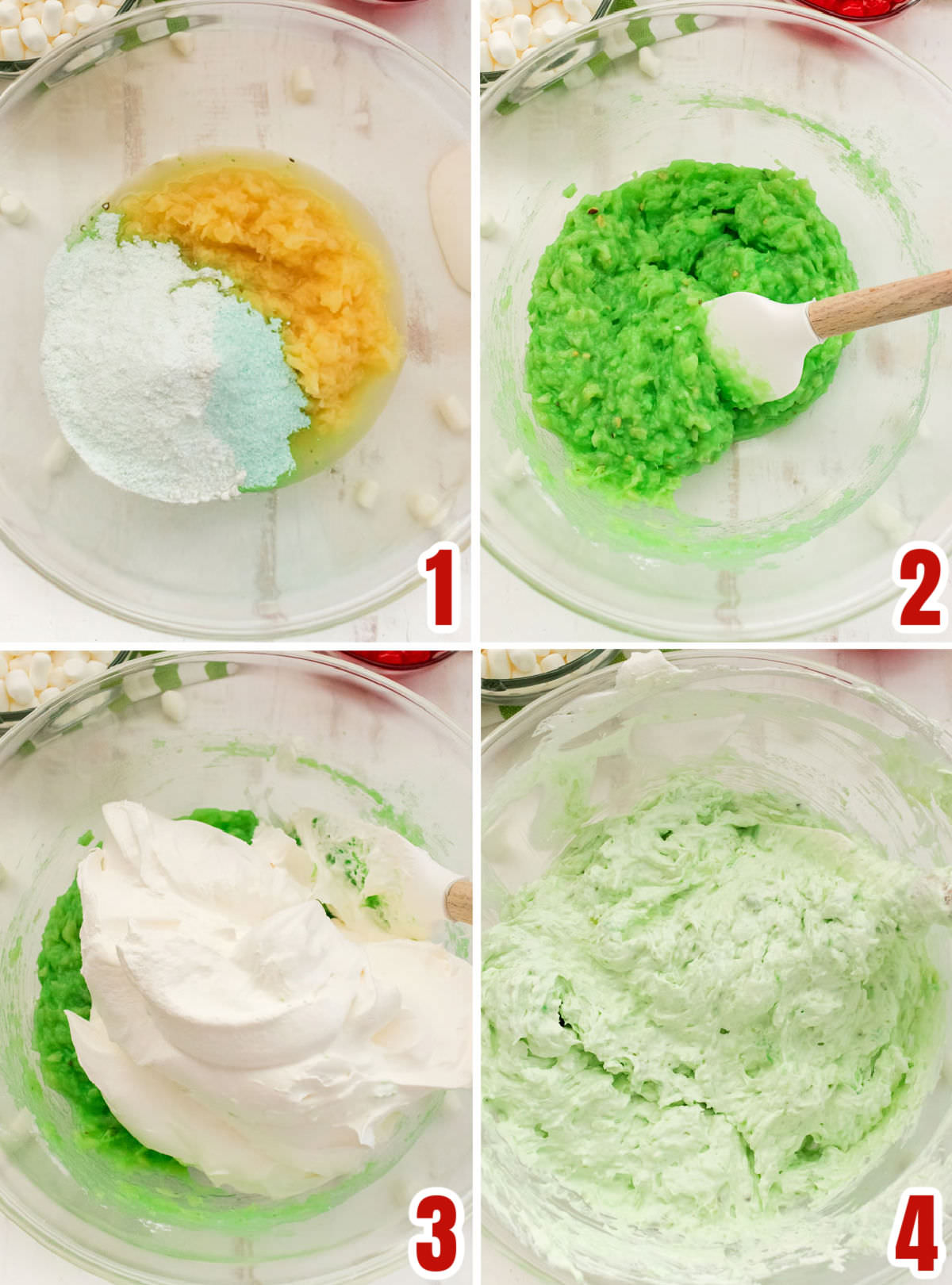 Collage image showing how to make the Watergate Salad.