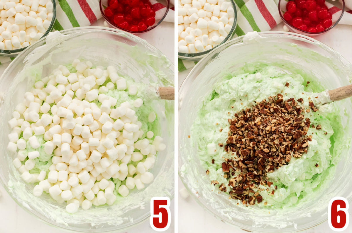 Collage image showing how to add the Mini Marshmallows and the Chopped Nuts to the Watergate Salad.